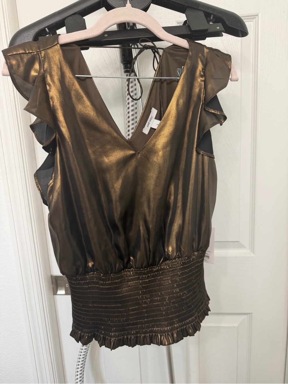 Metallic Bronze Ruffle Sleeve V-Neck Top small